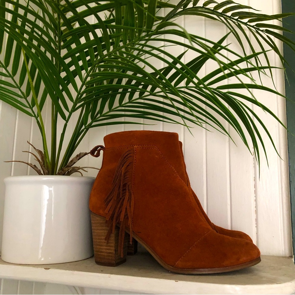 Toms Suede Fringe Ankle Boots - Rust Brown